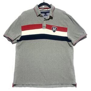 Tommy Hilfiger Classic Fit Polo Shirt Men's Large Light Gray w/Blue Red White